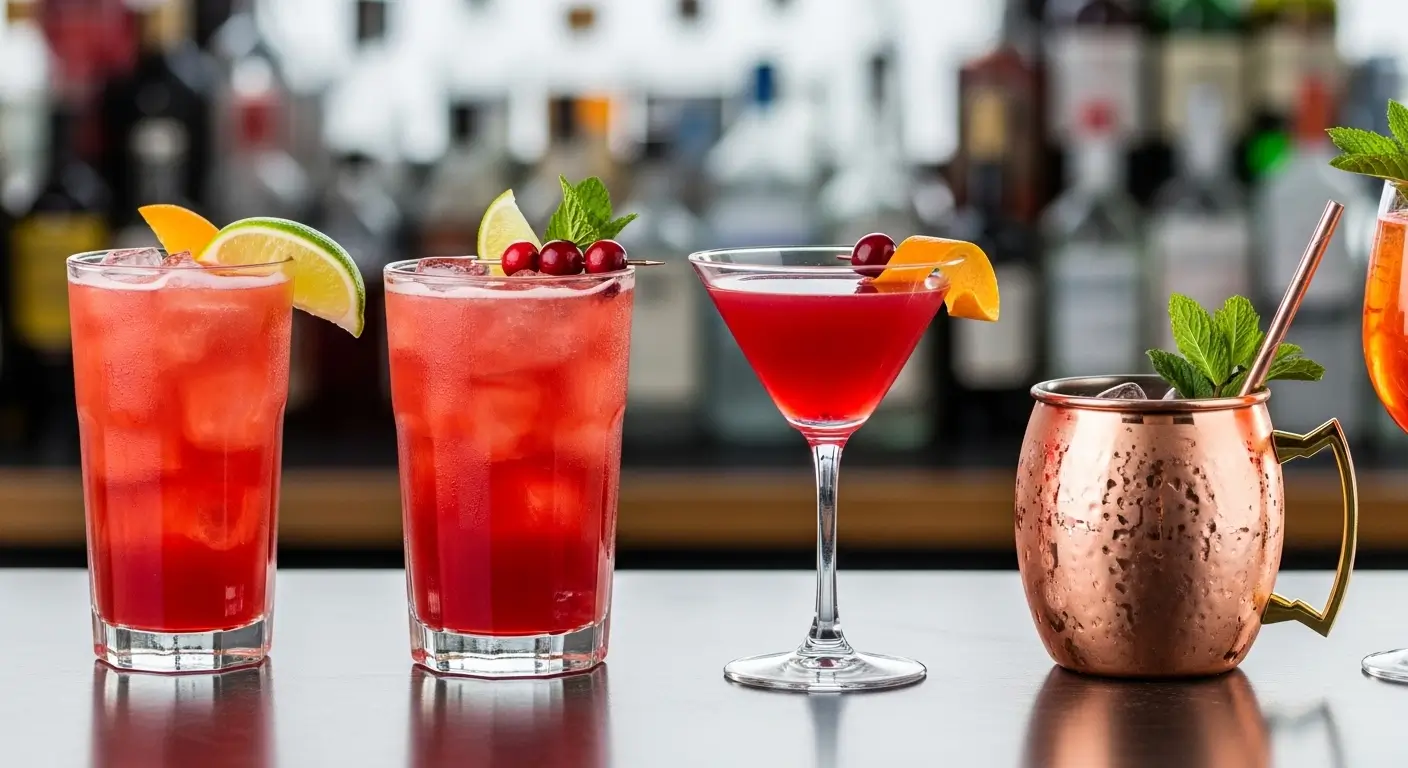 Vibrant red craft cocktails and a hammered copper mug garnished with fresh mint and citrus sit on a polished bar counter. The drinks are illuminated by soft lighting against a blurred background of liquor bottles.