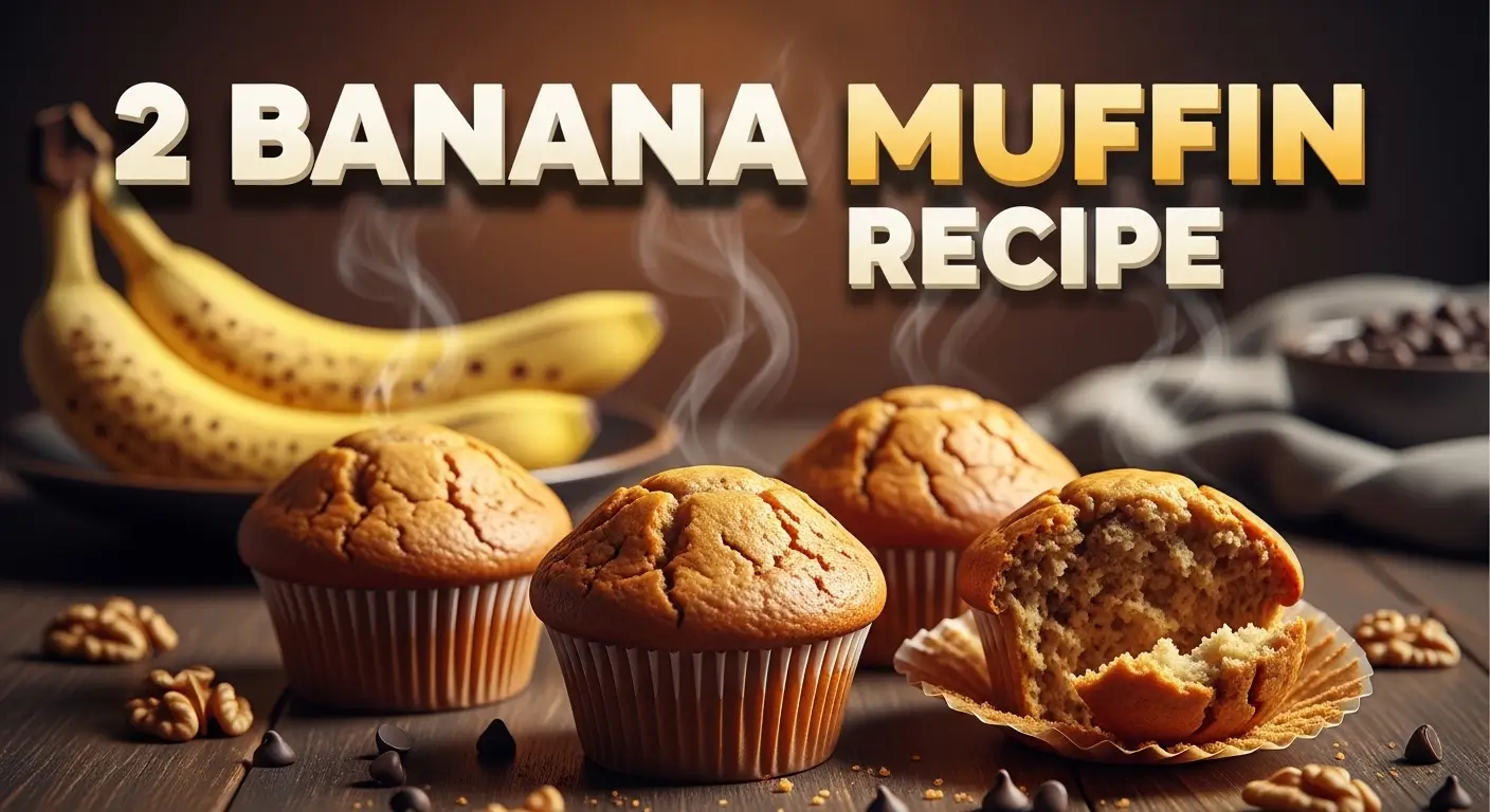 Steaming golden-brown banana muffins rest on a dark wood table beside ripe bananas and walnuts. This banana muffin recipe visual uses warm lighting to highlight the soft, moist crumb and rising wisps of steam.