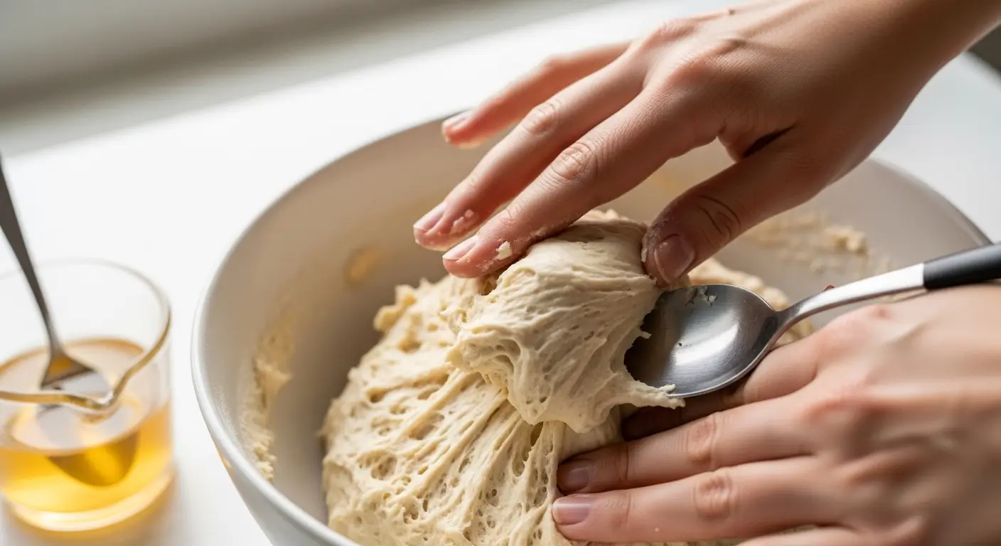 Hands knead sticky, elastic sourdough bread dough in a white ceramic bowl with a metal spoon. Soft natural light highlights the dough's fibrous texture and a jar of golden oil on a clean, minimalist kitchen counter.