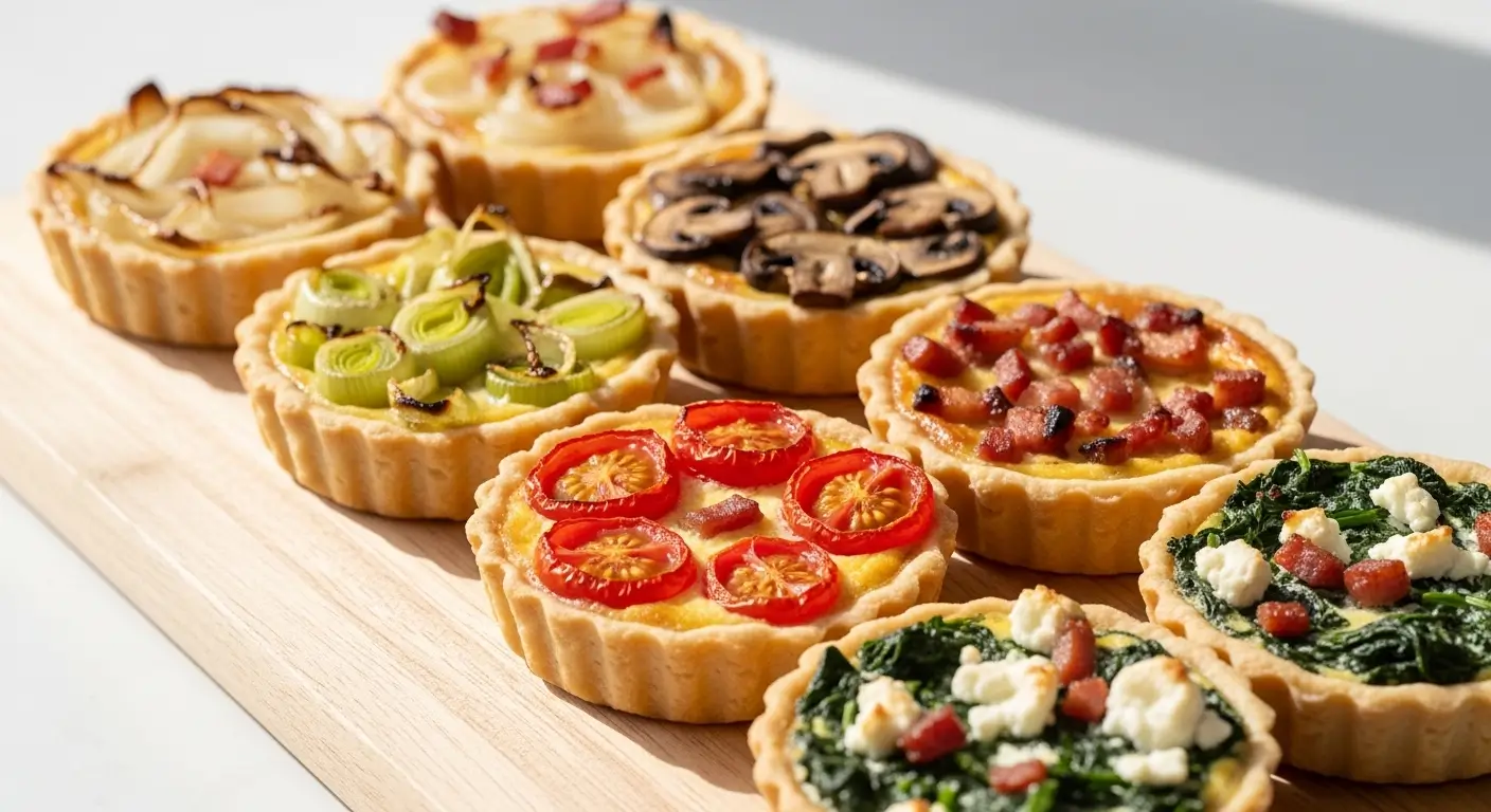 Assorted savory mini quiches with golden fluted crusts rest on a light wooden board. Natural light highlights vibrant toppings of roasted tomatoes and earthy mushrooms, showcasing the buttery textures of these appetizers.
