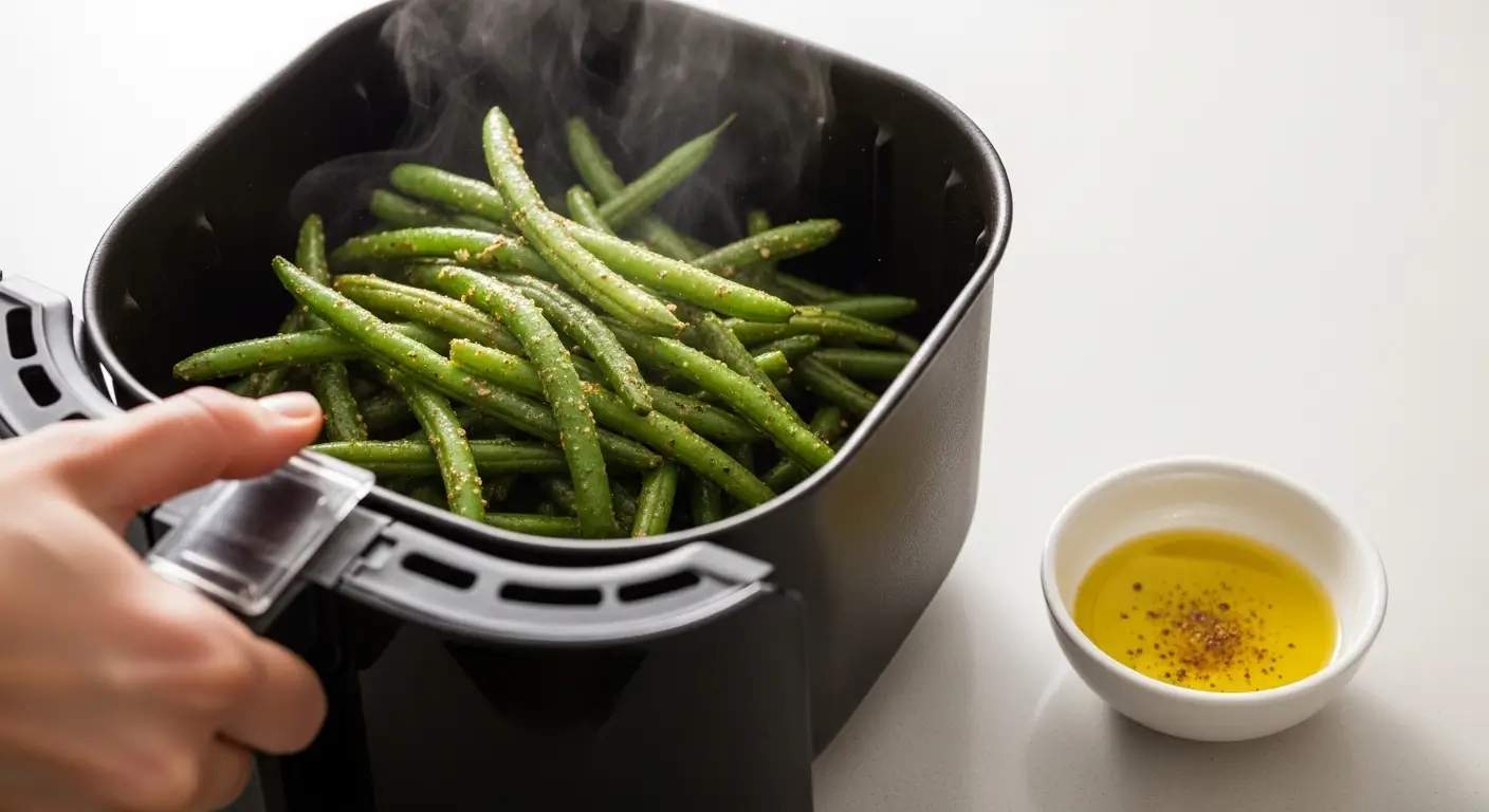 Vibrant, seasoned air fryer green beans releasing wisps of steam inside a matte black basket, served alongside a small bowl of golden olive oil on a bright, clean kitchen counter under soft natural light.