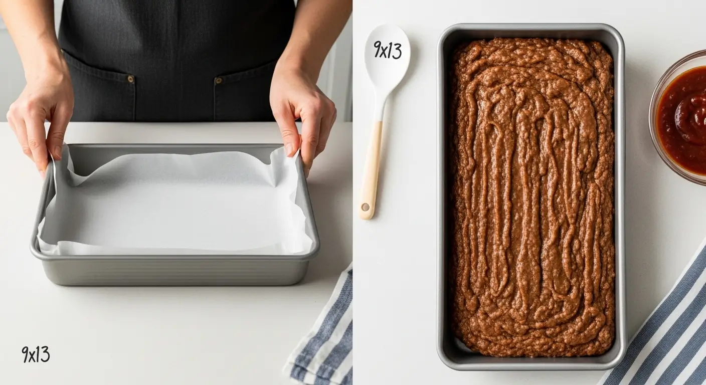 Hands lining a gray 9x13 baking pan with white parchment paper beside a pan filled with textured meatloaf mixture. Bright studio lighting highlights the coarse brown meat and glossy red glaze on a clean, white minimalist surface.