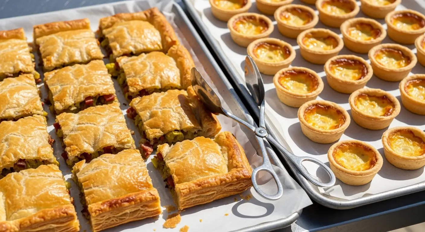 Flaky savory puff pastry squares and mini egg tarts rest on parchment-lined trays under bright sunlight. These golden catering appetizers feature creamy yellow fillings and crisp textures alongside silver serving tongs, creating a warm, inviting display.