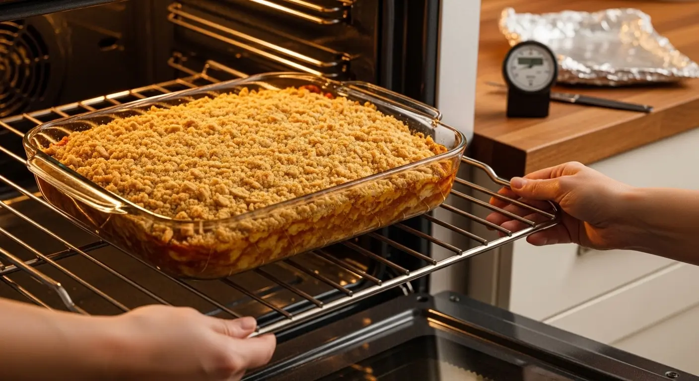 Golden-brown apple crumble with a textured streusel topping slides out of a warm convection oven in a glass dish. Soft interior light highlights the crumbly crust, set against a background of a rustic wooden kitchen countertop.
