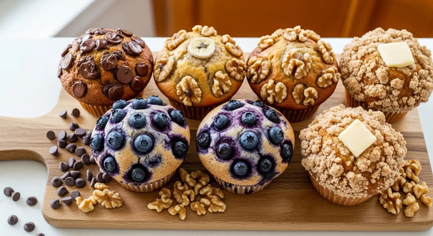 Assorted gourmet freshly baked muffins, including blueberry and chocolate chip, rest on a wooden board, featuring golden-brown textures, vibrant berry swirls, and crunchy walnut toppings under soft, natural light.