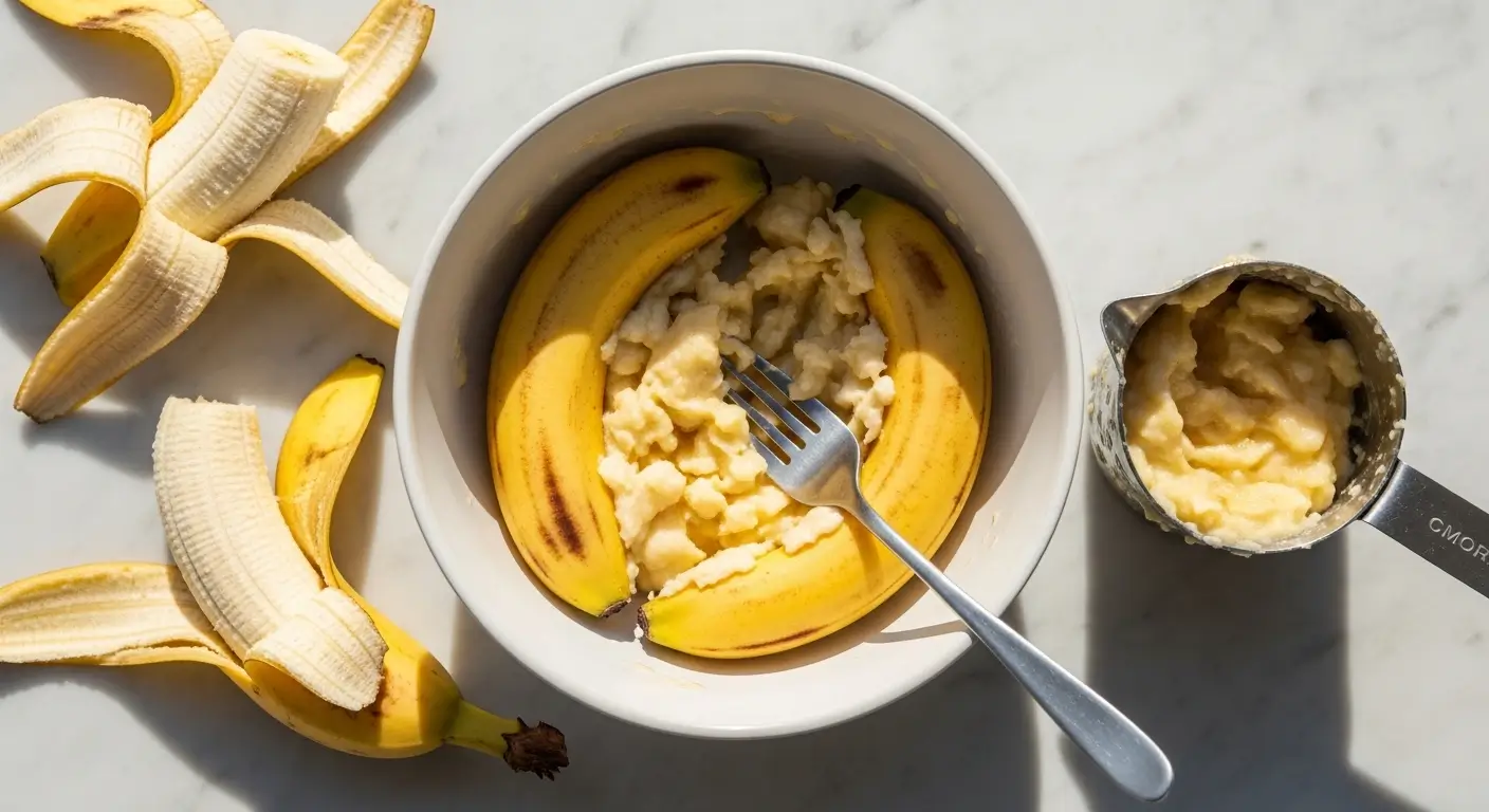 Creamy mashed bananas are prepared with a silver fork in a white ceramic bowl on a sun-drenched marble countertop. Sharp shadows highlight the fibrous yellow peels and a full measuring cup, essential for healthy baking preparation.