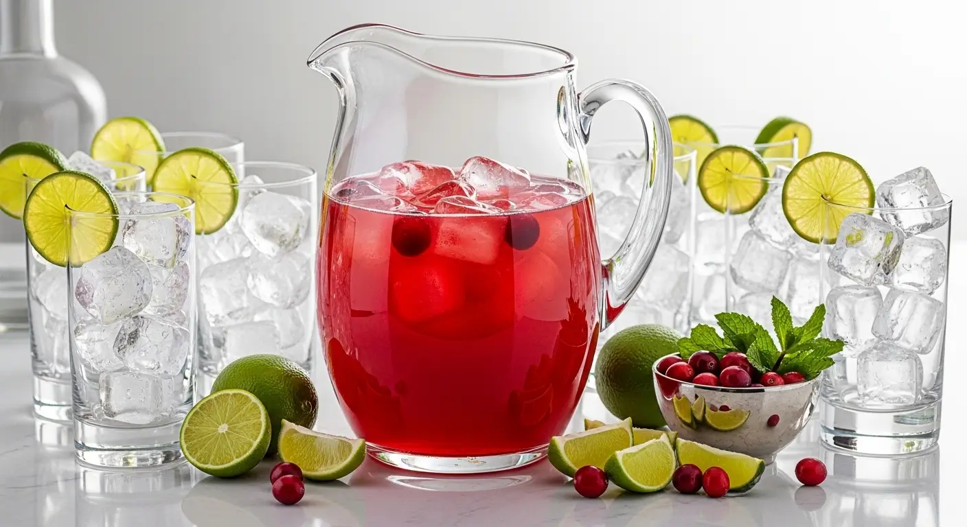 Vibrant red cranberry juice cocktail with ice in a large glass pitcher, surrounded by chilled glasses with lime slices on a white marble surface under bright, diffused light for a refreshing summer drink presentation.