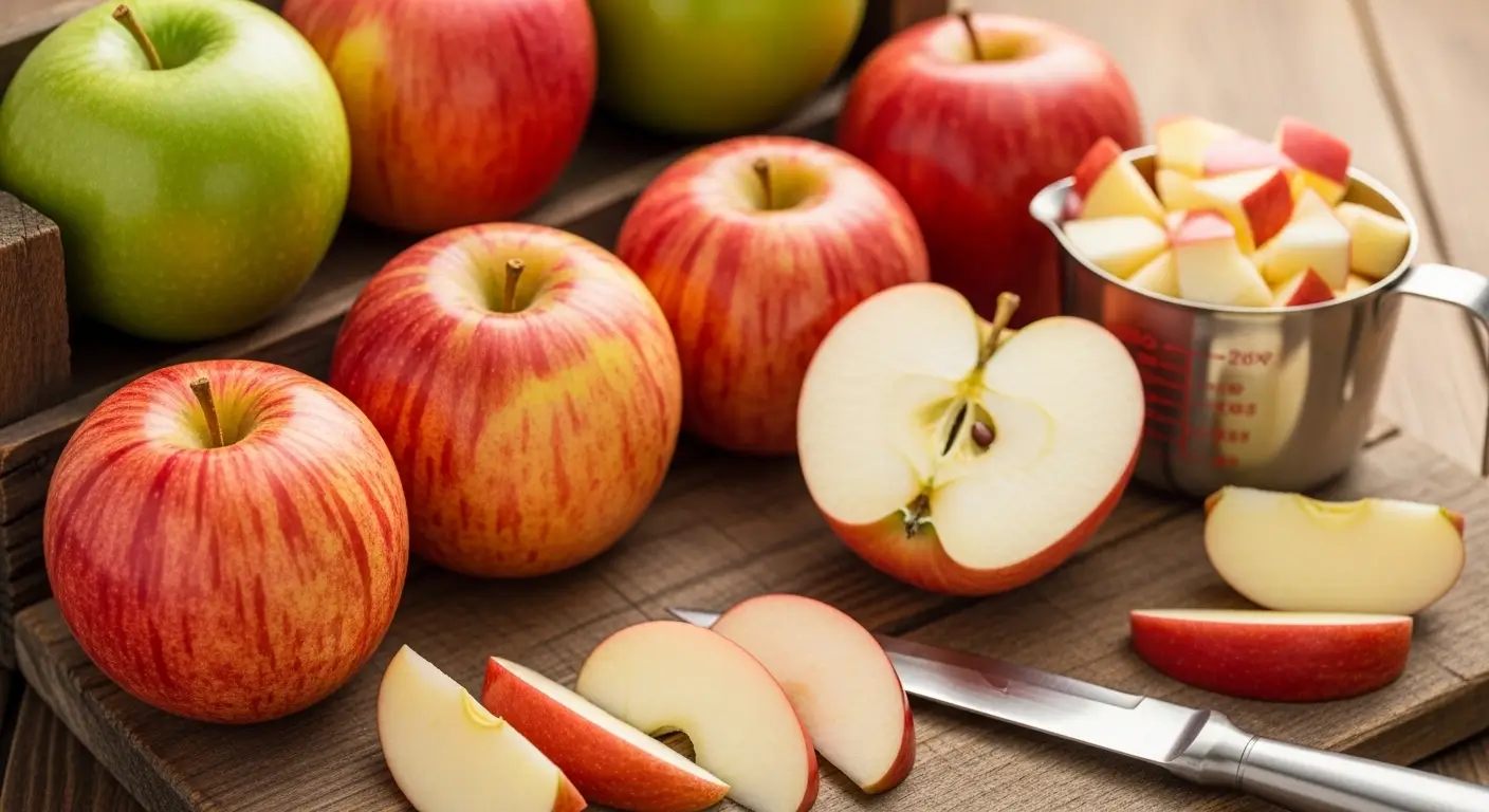 Vibrant organic apples and sliced red apples rest on a rustic wooden board under soft light. A stainless steel cup of diced fruit and a sharp knife highlight the smooth textures and juicy white flesh of these healthy snacks.