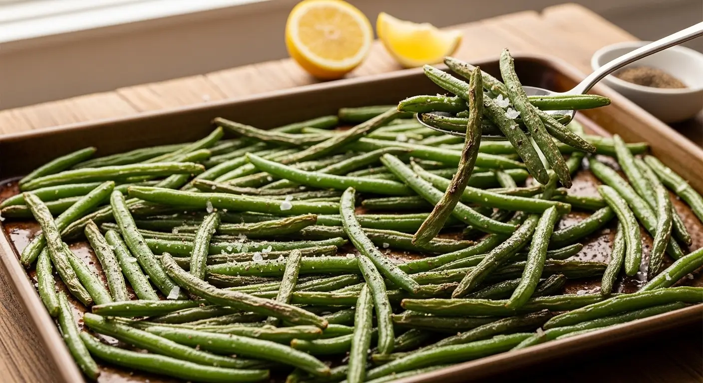 Tender roasted green beans with charred tips and sea salt on a bronze baking sheet. This healthy side dish sits on a rustic wooden table in soft daylight, accompanied by fresh lemon wedges and a silver spoon.
