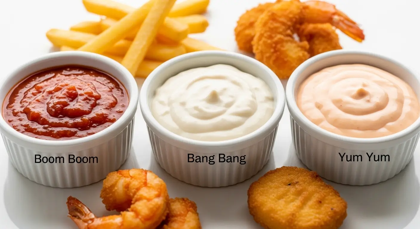 Creamy Boom Boom, Bang Bang, and Yum Yum dipping sauces in white ramekins are paired with crispy golden fried shrimp and french fries. These swirled sauces sit on a white surface under bright, high-key lighting, emphasizing their smooth textures and vibrant colors.