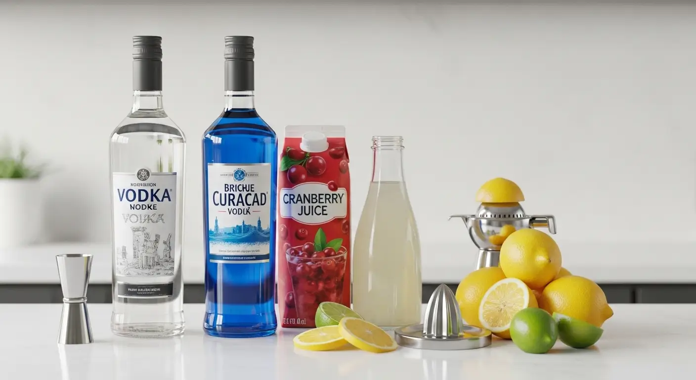 Premium cocktail ingredients featuring a clear vodka bottle, vibrant Blue Curacao, and cranberry juice arranged on a white countertop. Fresh citrus fruits, a stainless steel jigger, and a manual juicer sit under bright, diffused lighting for a clean, professional home bar aesthetic.