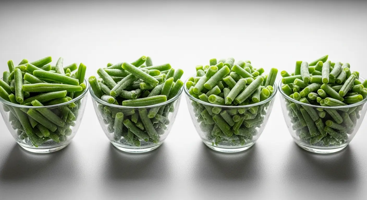 Four glass bowls overflowing with vibrant frozen green beans, showcasing a frosty texture and bright emerald hue, are arranged on a clean surface under bright studio lighting for healthy meal prep.