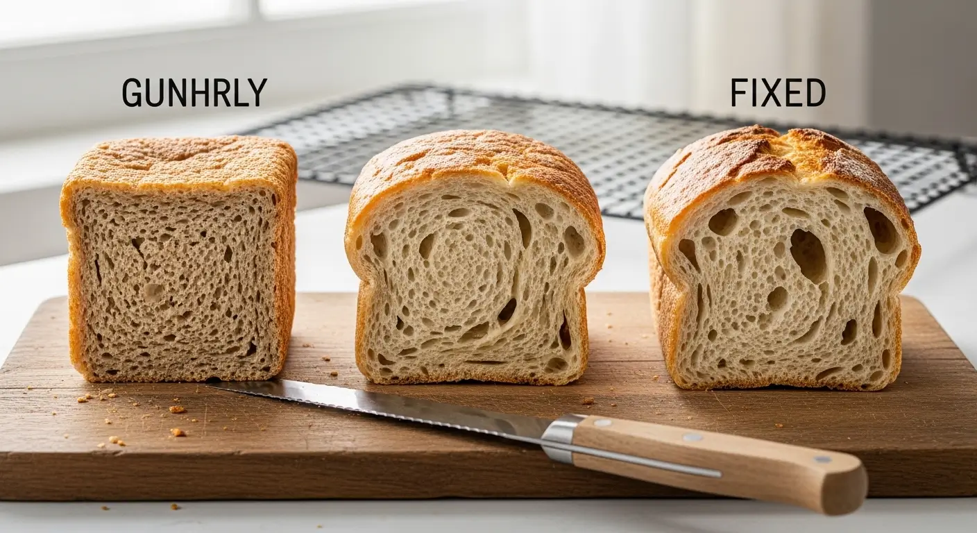 Three artisan bread cross-sections reveal varying homemade bread crumb structure on a rustic wooden board. Soft natural light illuminates golden-brown crusts and porous textures, ranging from dense to highly airy beside a sharp serrated knife.