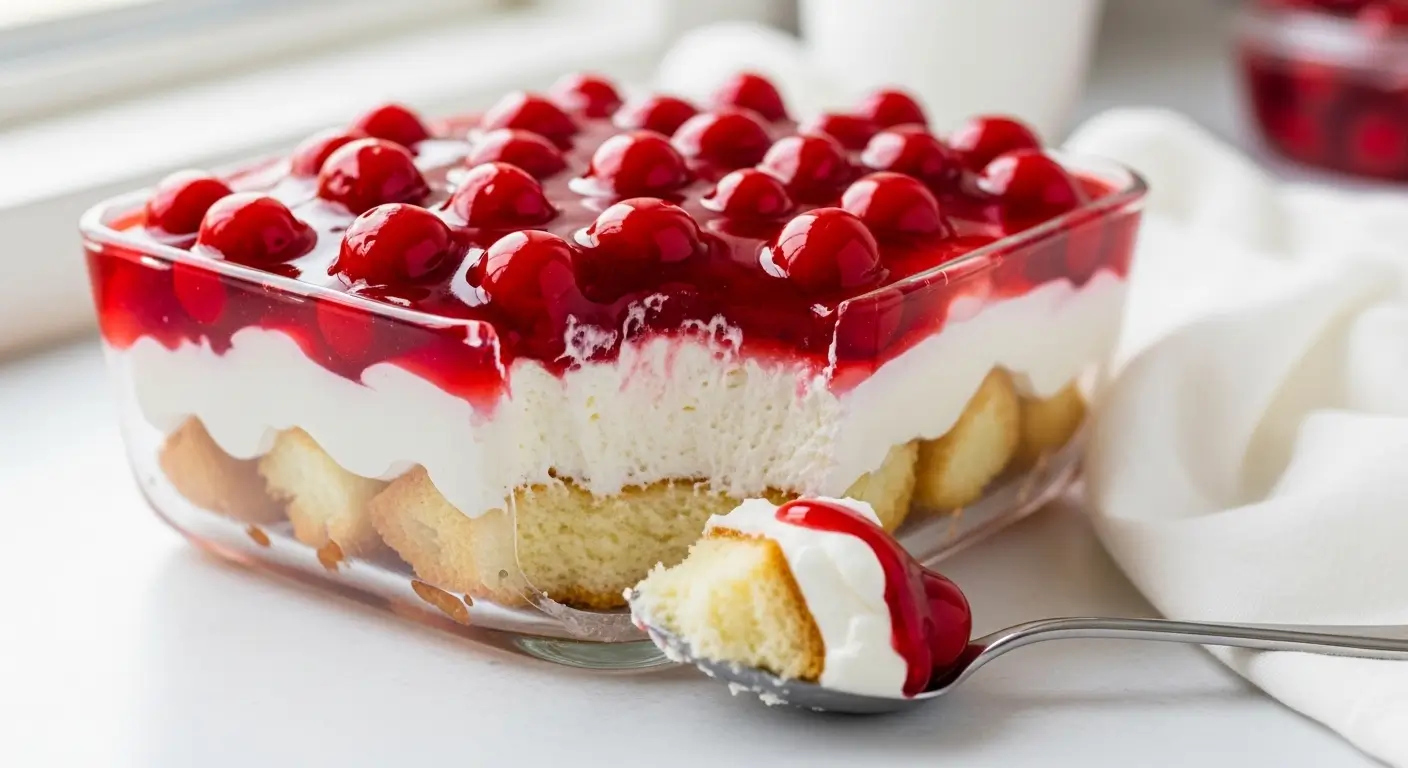 A layered cherry trifle dessert in a glass dish, featuring golden sponge cake, fluffy white cream, and glossy red cherries. Soft natural light highlights the vibrant textures as a silver spoon lifts a bite from the creamy center.