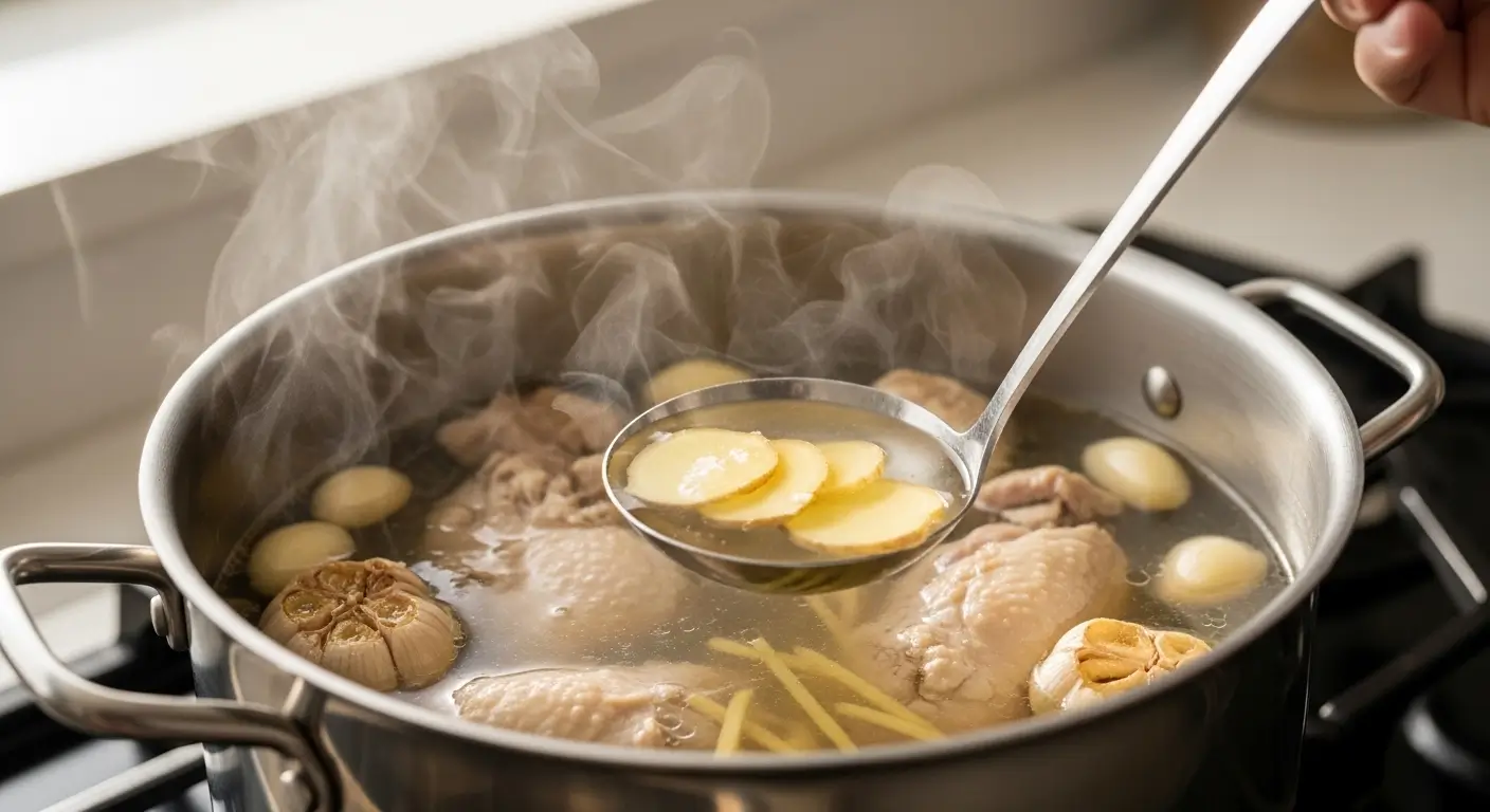 Fresh ginger slices are lifted by a metal ladle from a steaming stainless steel pot of homemade chicken soup. Whole garlic bulbs and chicken simmer in the clear broth, illuminated by soft natural light with wispy steam rising above the stove.