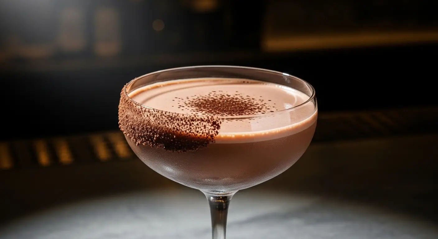 A creamy chocolate martini in a chilled coupe glass with a fine cocoa powder rim, resting on a dark marble surface. This artisanal cocktail features a velvety texture under dramatic, moody lounge lighting.