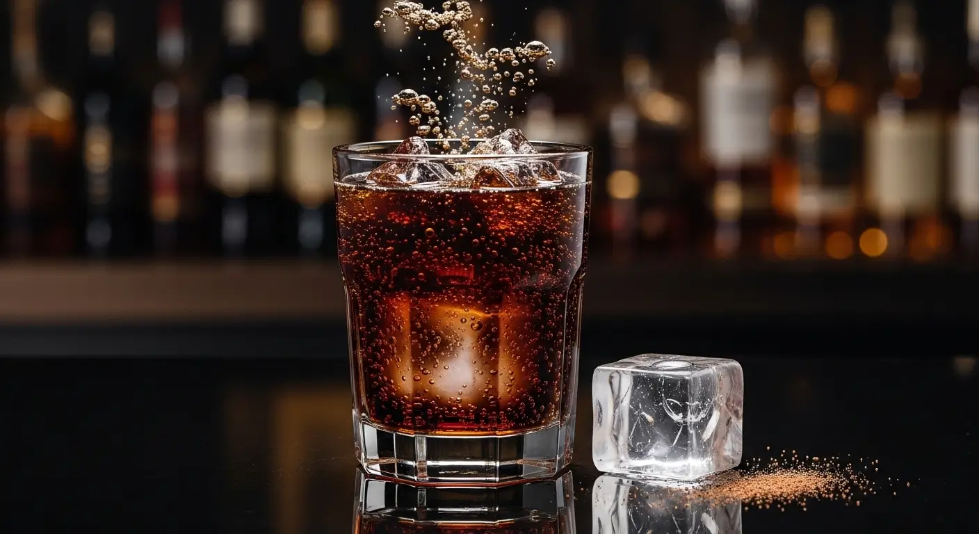 Effervescent bubbles splash from a refreshing cola drink filled with crystalline ice cubes on a glossy black counter, set against a warm, out-of-focus bar background with soft golden lighting.