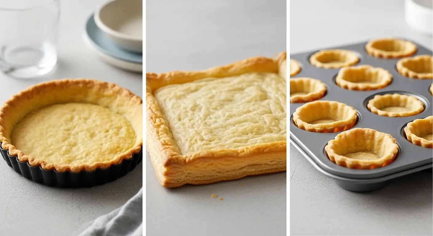 Golden homemade pastry crusts featuring a fluted tart shell, square puff pastry with cream filling, and mini tart shells in a baking tin. These buttery crusts rest on a neutral surface under soft, diffused natural light.