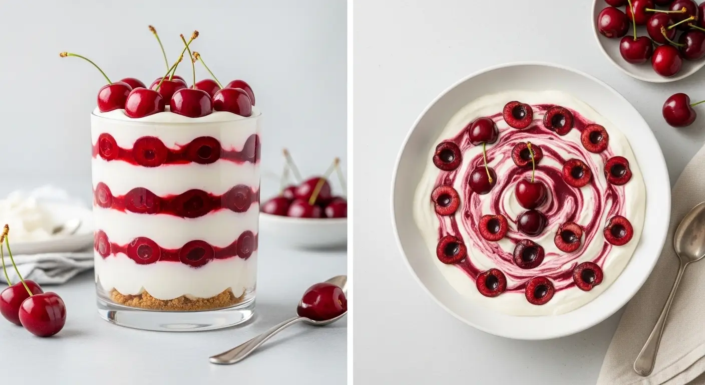 Layered cherry yogurt parfait with creamy white yogurt and deep red fruit over a golden crust. Soft lighting highlights the glossy textures of this healthy fruit breakfast, featuring a clear glass and a swirled bowl.