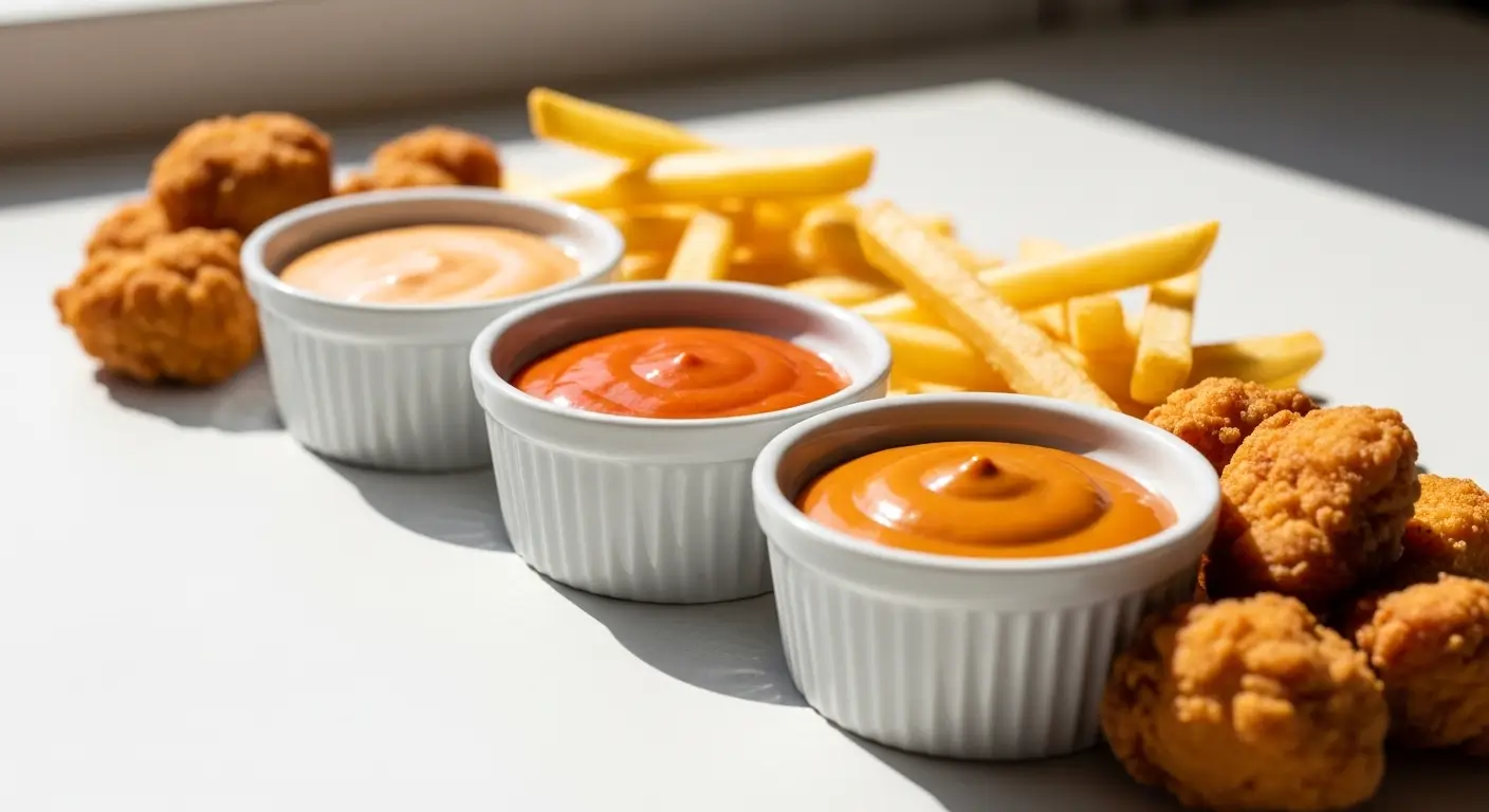 Crispy chicken nuggets and golden french fries accompany three white ramekins of glossy dipping sauces on a bright surface. Natural sunlight highlights the crunchy textures and smooth sauces, creating an appetizing fast food scene.