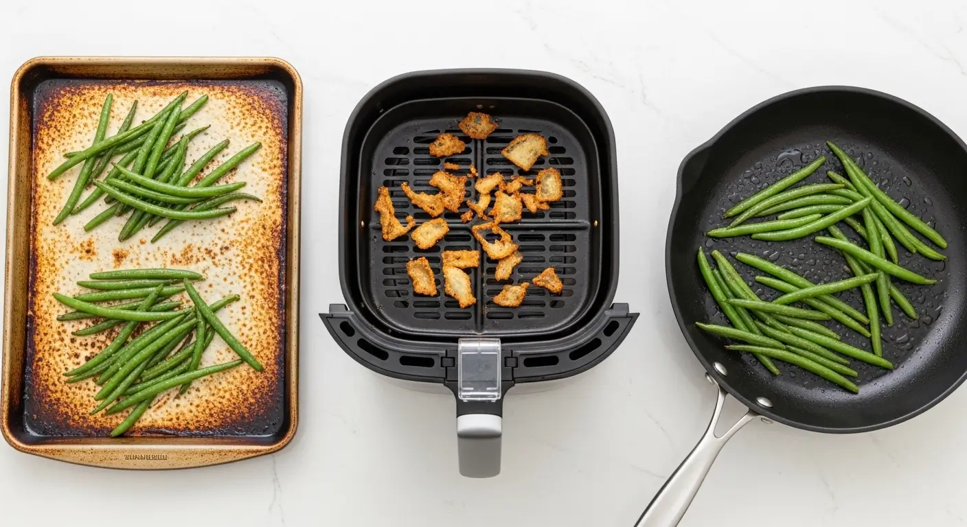 Vibrant green beans illustrate healthy cooking methods, spread on a seasoned baking sheet, inside a matte black air fryer basket with crispy golden toppings, and in a non-stick skillet over a bright white marble countertop.