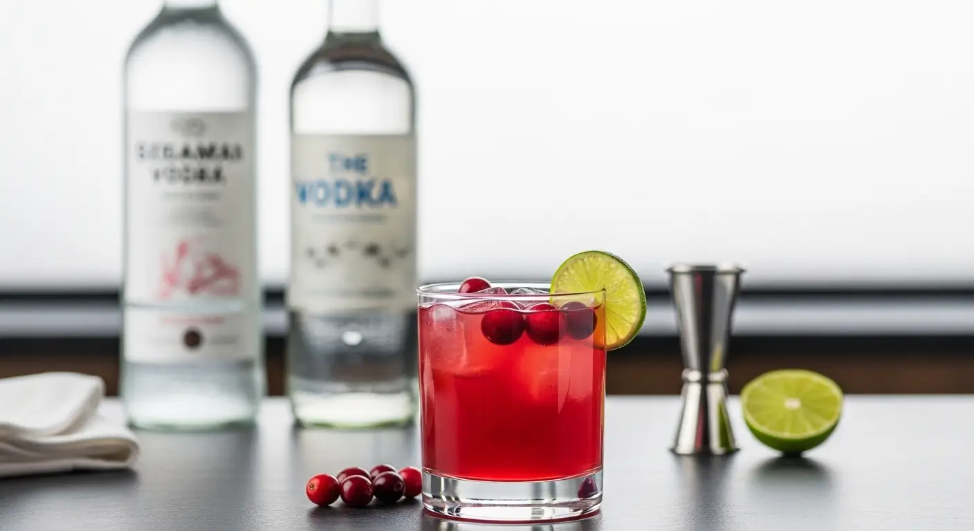 A vibrant ruby red cranberry vodka cocktail in a rocks glass with ice, garnished with fresh cranberries and a lime wheel, resting on a dark countertop with blurred vodka bottles and a silver jigger under bright, clean lighting.