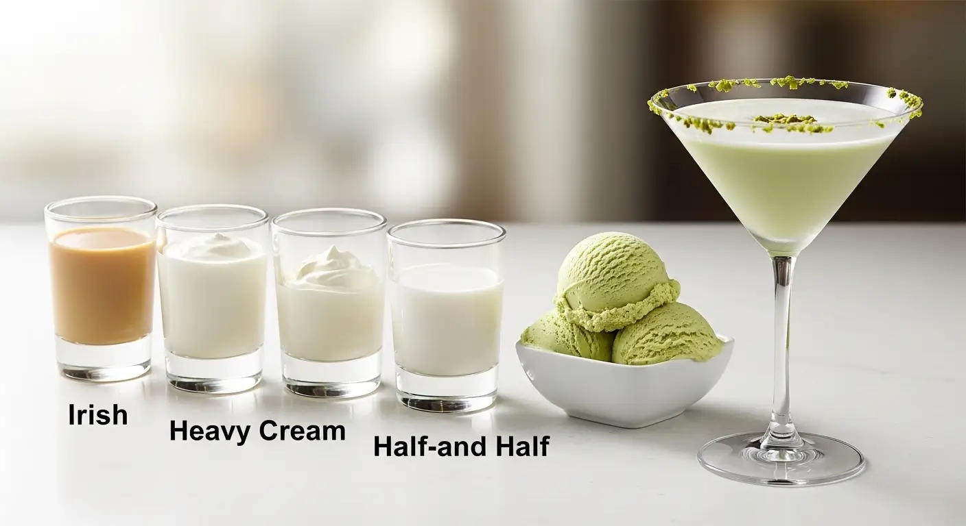 A creamy pistachio martini recipe featuring green ice cream, Irish cream, and dairy ingredients on a white surface. A finished dessert cocktail with a crushed nut rim sits under soft, diffused lighting.