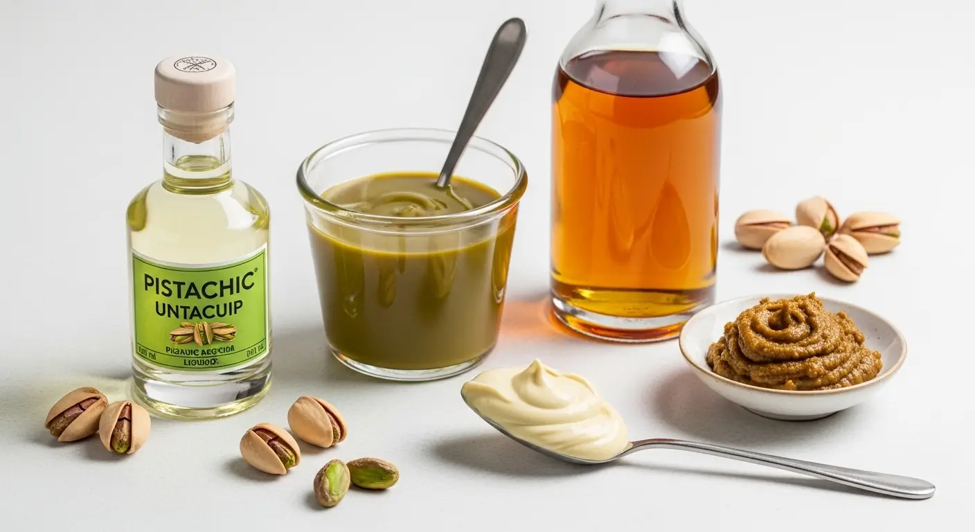 Gourmet pistachio cream and thick nut butter sit on a minimalist white surface with amber syrup and whole nuts. Bright studio lighting highlights the smooth textures and vibrant green hues of these premium culinary ingredients.