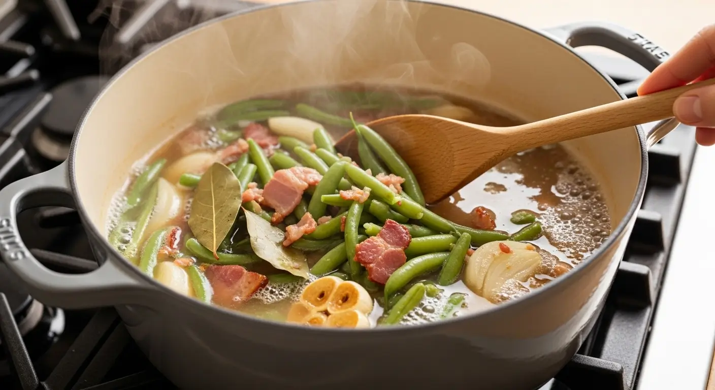 Fresh Southern green beans with bacon simmer in a grey enameled cast iron Dutch oven, releasing wisps of steam. A wooden spoon stirs the vibrant vegetables and garlic in a bubbling broth under bright, natural kitchen lighting.