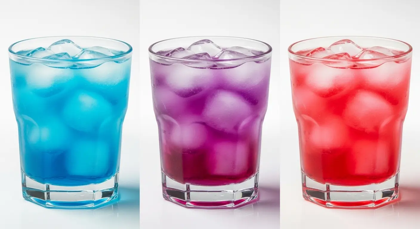 Vibrant blue, purple, and red refreshing iced drinks with translucent ice cubes against a white backdrop. Soft lighting highlights the frosty textures and saturated hues of these colorful summer cocktails.