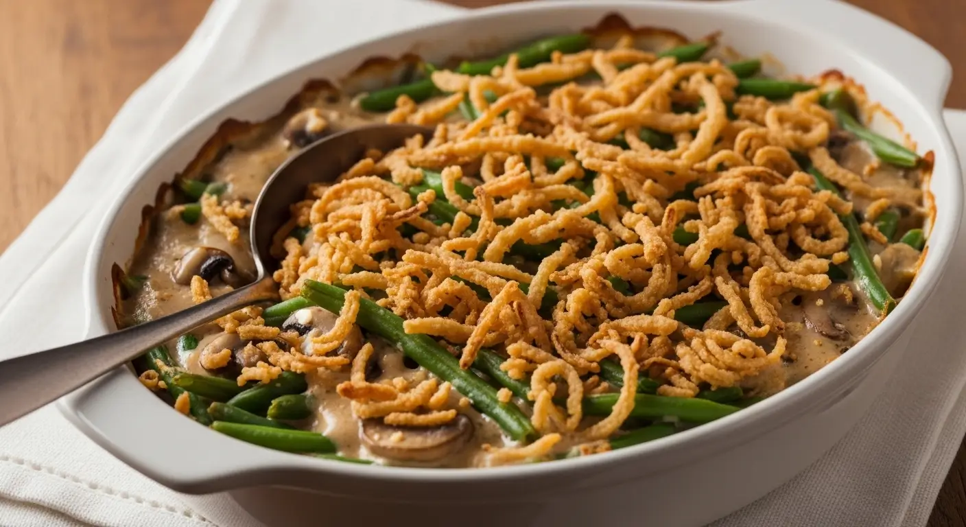 Creamy homemade green bean casserole with tender mushrooms, topped with golden crispy fried onions. This holiday side dish rests in a white ceramic baker on a rustic wooden table under warm, soft ambient light.