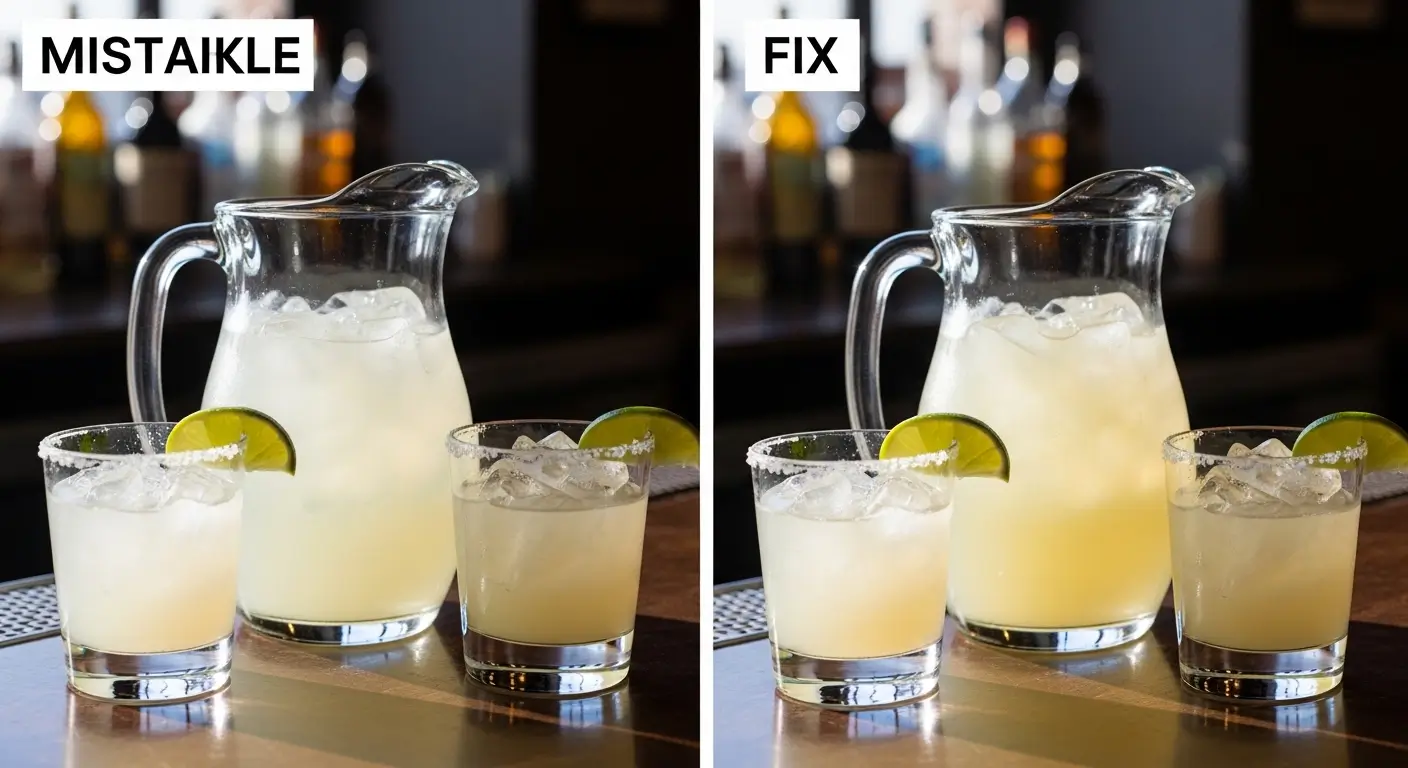Side-by-side comparison of a glass pitcher and salt-rimmed glasses filled with icy margaritas. Fresh lime wedges garnish the drinks on a polished bar top, illuminated by sharp lighting that creates crisp reflections and highlights the refreshing, chilled texture of the cocktails.