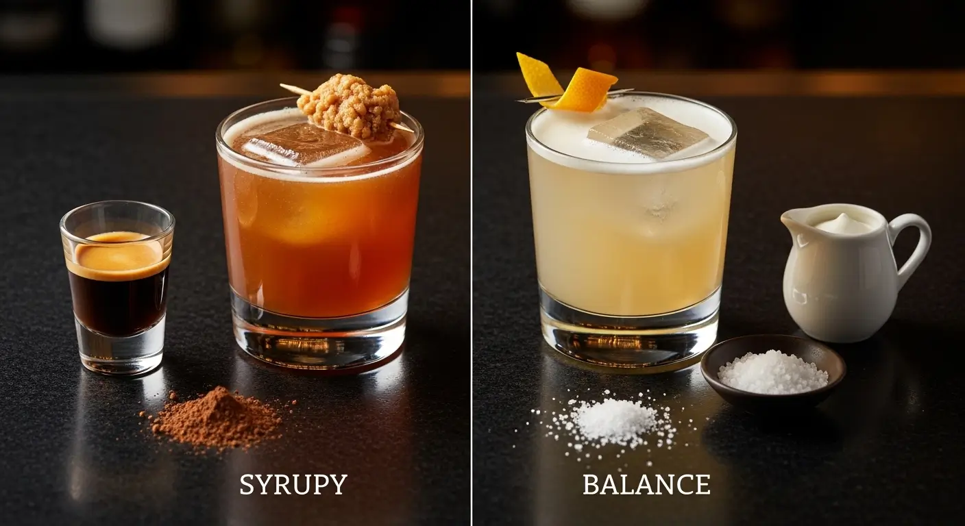 Two sophisticated craft cocktails rest on a dark, polished bar top under moody, dramatic lighting. One amber-hued drink with cocoa powder and espresso contrasts a frothy citrus cocktail garnished with an orange twist, showcasing diverse mixology ingredients like sea salt and cream.