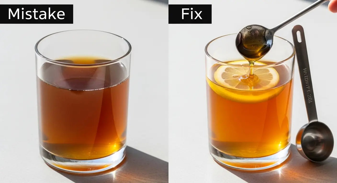 A side-by-side comparison labeled 'Mistake' and 'Fix' showing plain dark tea versus tea with honey and lemon. Golden honey is drizzled from a stainless steel spoon onto a fresh lemon slice, glowing under bright, direct sunlight with sharp shadows on a neutral surface.