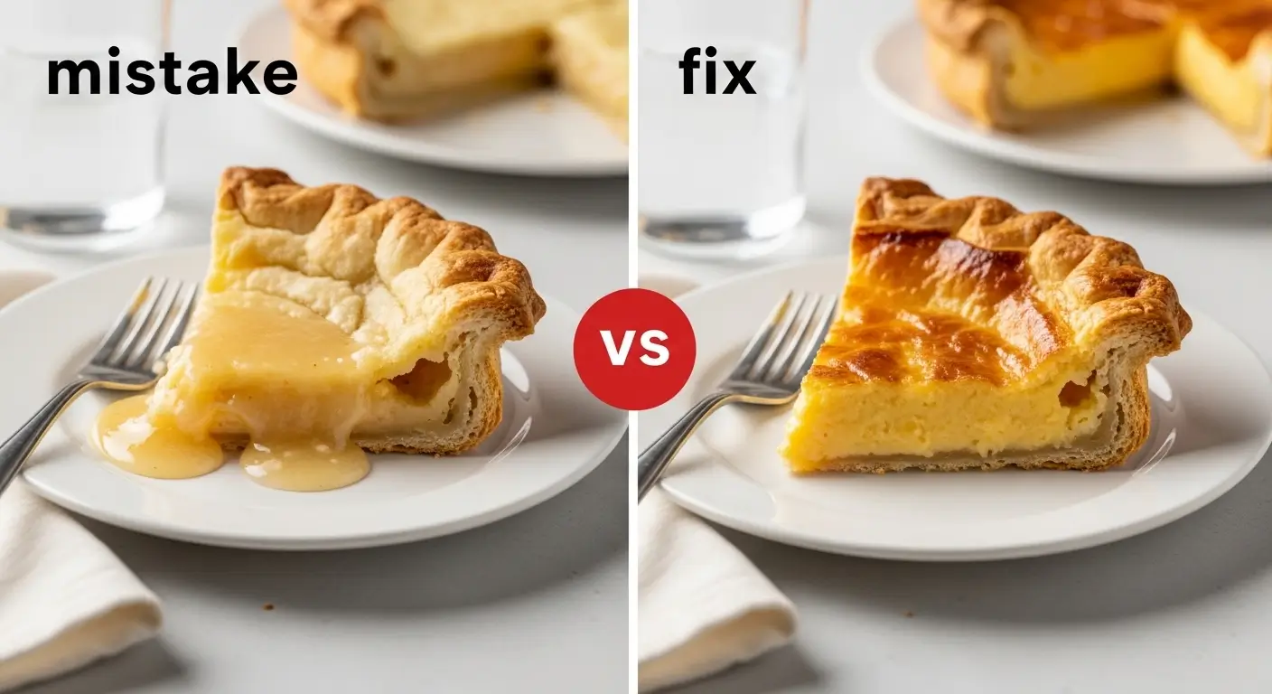 A runny custard tart labeled mistake contrasts with a set, golden-brown slice labeled fix. These baking tips illustrate the difference between underbaked and firm textures on white plates under bright, natural kitchen lighting.