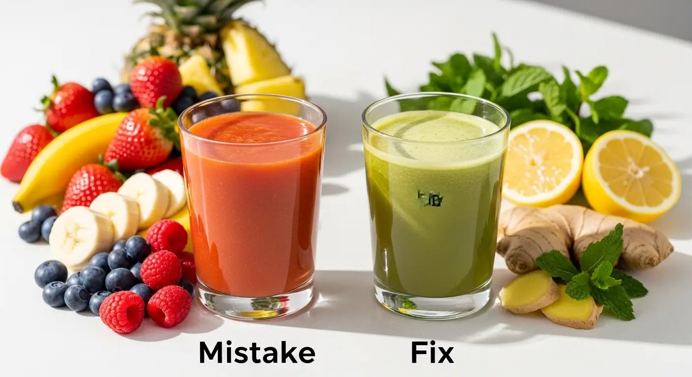 Vibrant red fruit smoothie and detox green juice labeled "Mistake" and "Fix" rest on a sunlit white surface. Fresh berries, ginger, and lemon surround the glasses, showcasing smooth textures under a bright, clean glow.