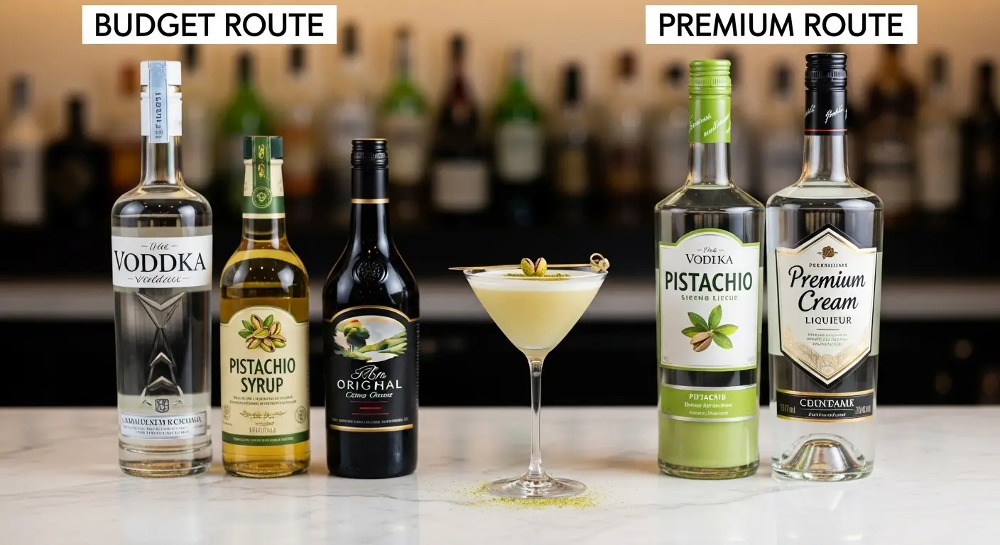 A creamy pistachio martini sits on a white marble bar, flanked by budget and premium cocktail ingredients. Bottles of vodka and pistachio liqueur are displayed under soft lighting, creating a professional guide for home mixology.