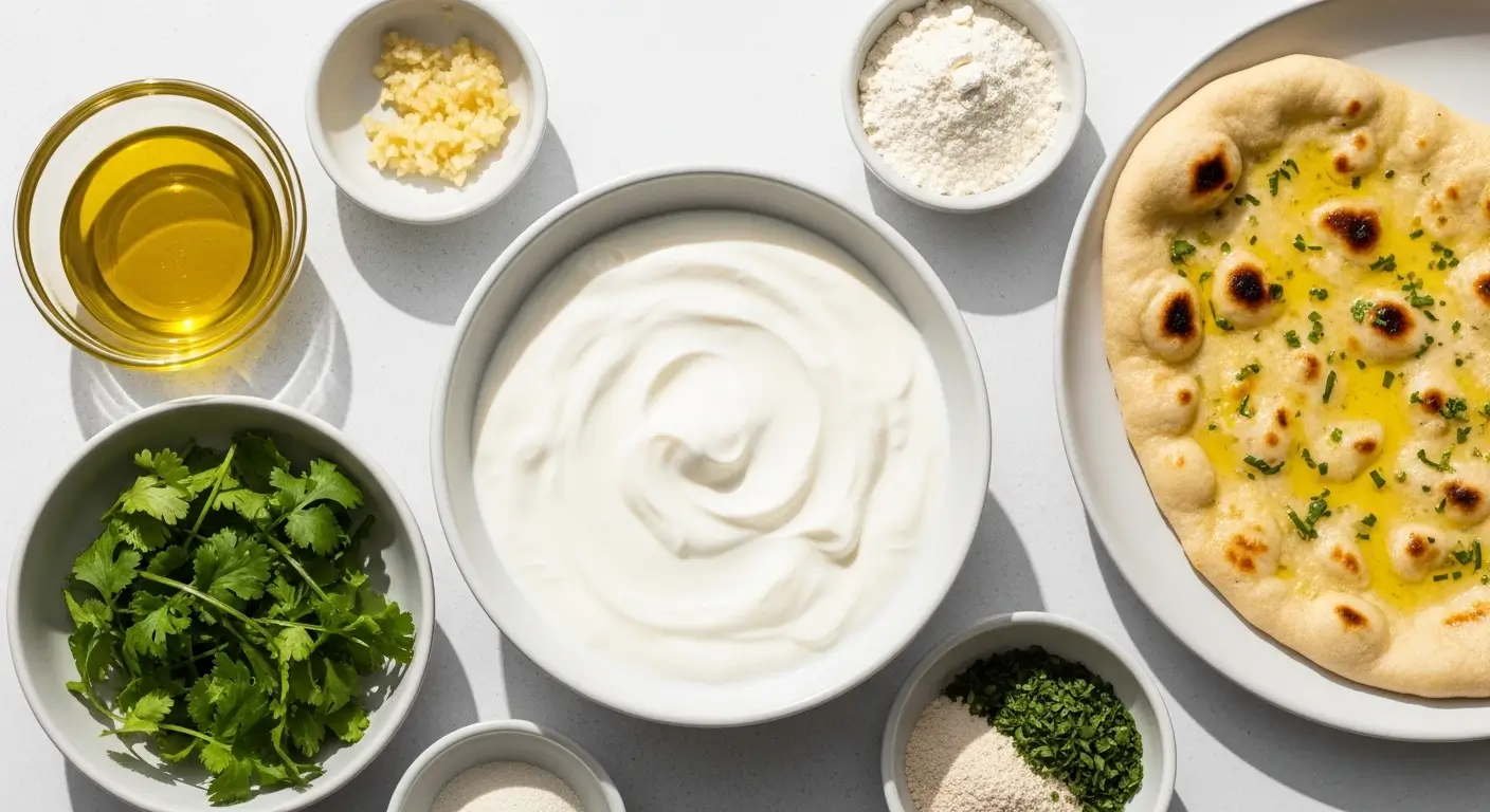 Fresh ingredients for a homemade naan bread recipe, including creamy yogurt, golden olive oil, and vibrant cilantro. Sharp sunlight highlights the charred texture of the finished flatbread and spices on a bright white surface.