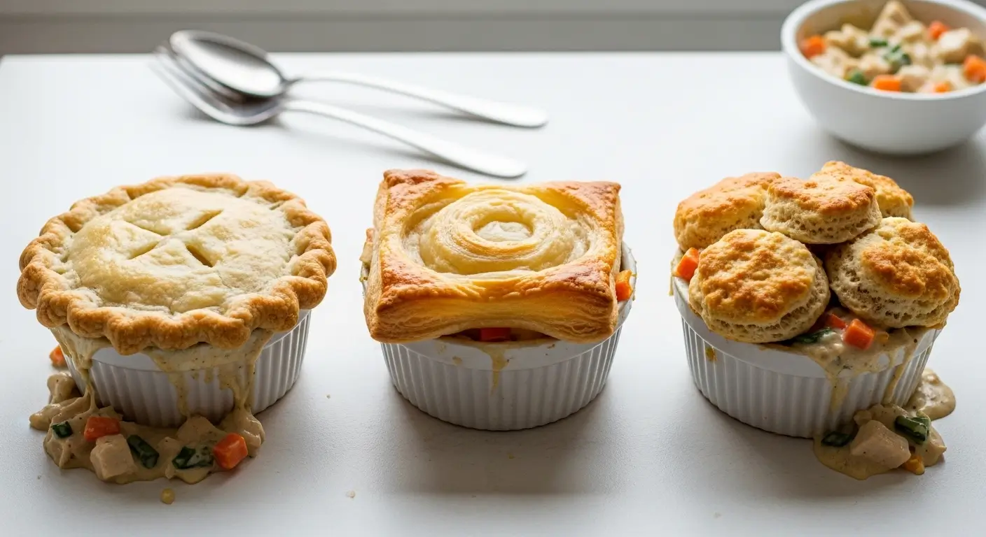Three homemade chicken pot pies in white ramekins feature flaky golden pastry and buttery biscuit toppings. Creamy filling with peas and carrots overflows onto a bright table, illuminated by soft, warm, diffused light for a comforting atmosphere.