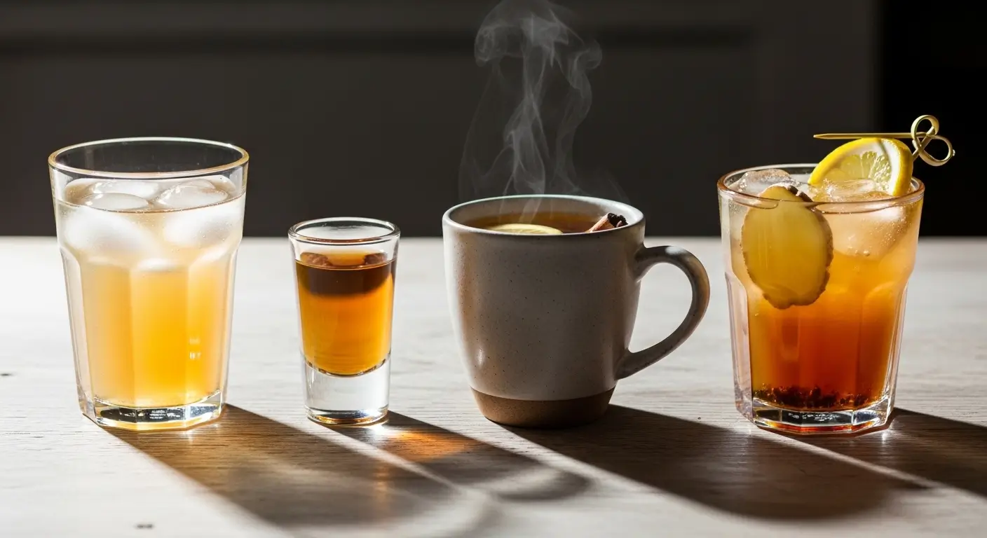 Refreshing beverages including iced tea, a whiskey shot, a steaming hot toddy, and a garnished cocktail on a wooden table. Sharp side lighting emphasizes the rising steam and vibrant citrus garnishes against a dark background.