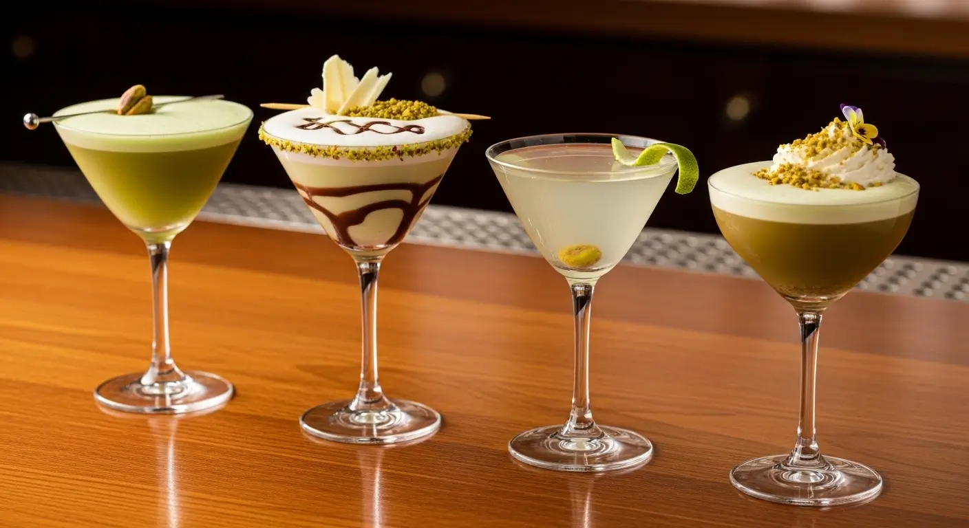 Four gourmet pistachio martini cocktails arranged on a polished wooden bar, featuring creamy textures, crushed nut rims, lime twists, and white chocolate garnishes under soft, warm ambient lighting.