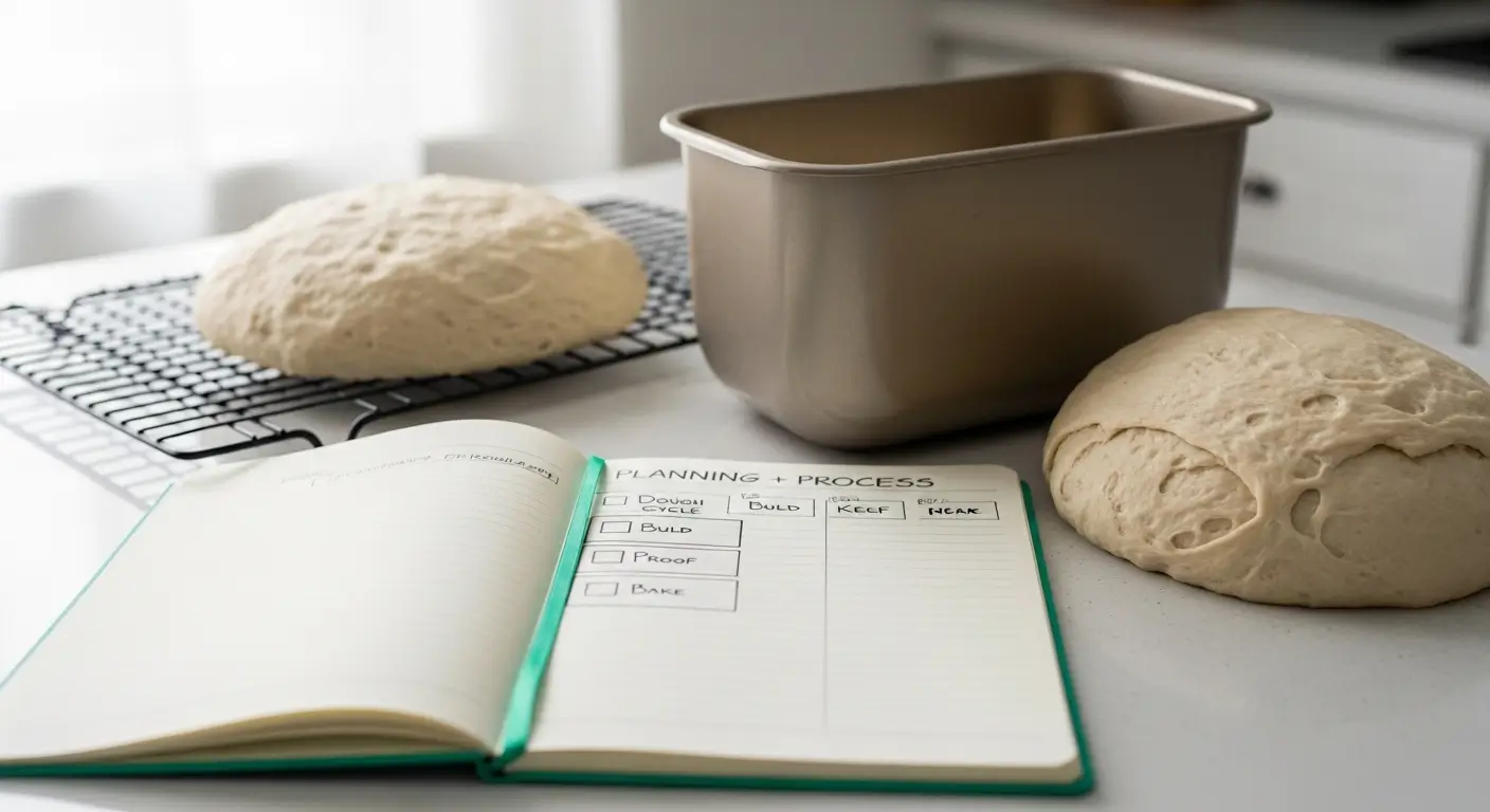 Two rounds of elastic homemade sourdough bread dough rest on a white countertop beside a metallic gold pan. Bright natural light illuminates a handwritten bread making process journal, highlighting smooth textures and a clean kitchen setting.