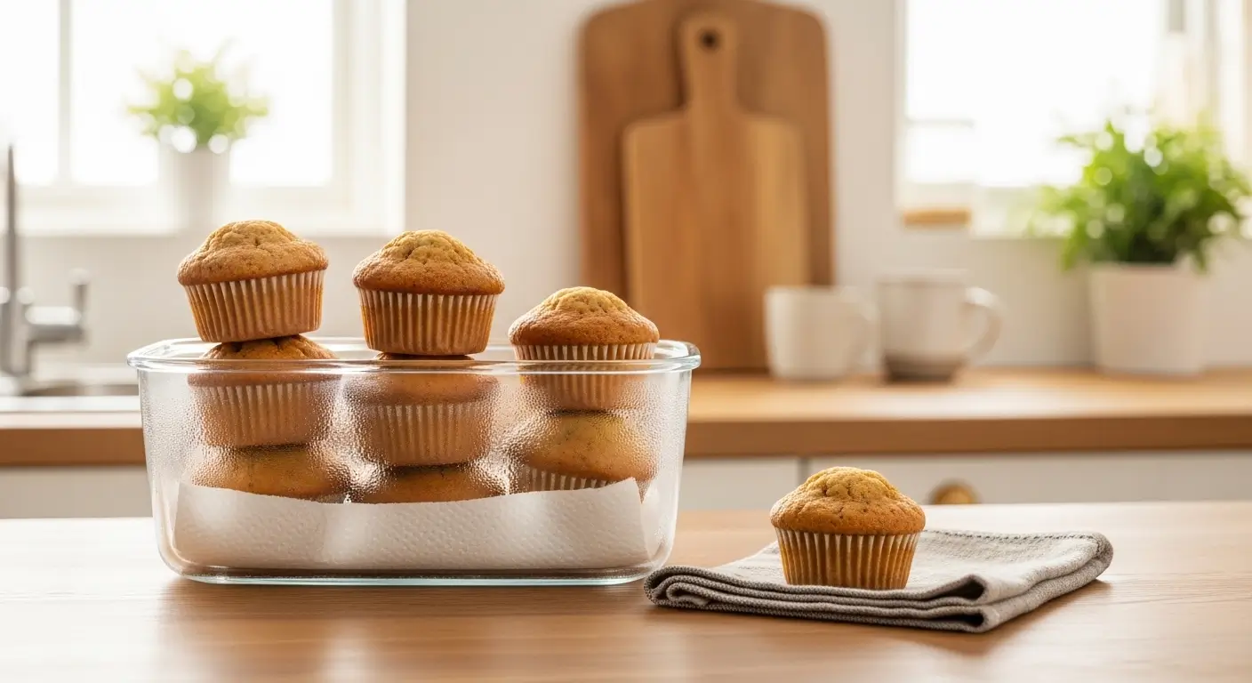 Freshly baked golden-brown muffins stacked in a clear glass food storage container lined with paper towels. A single muffin rests on a grey linen napkin under soft, natural daylight on a light wood kitchen counter in a bright, airy setting.