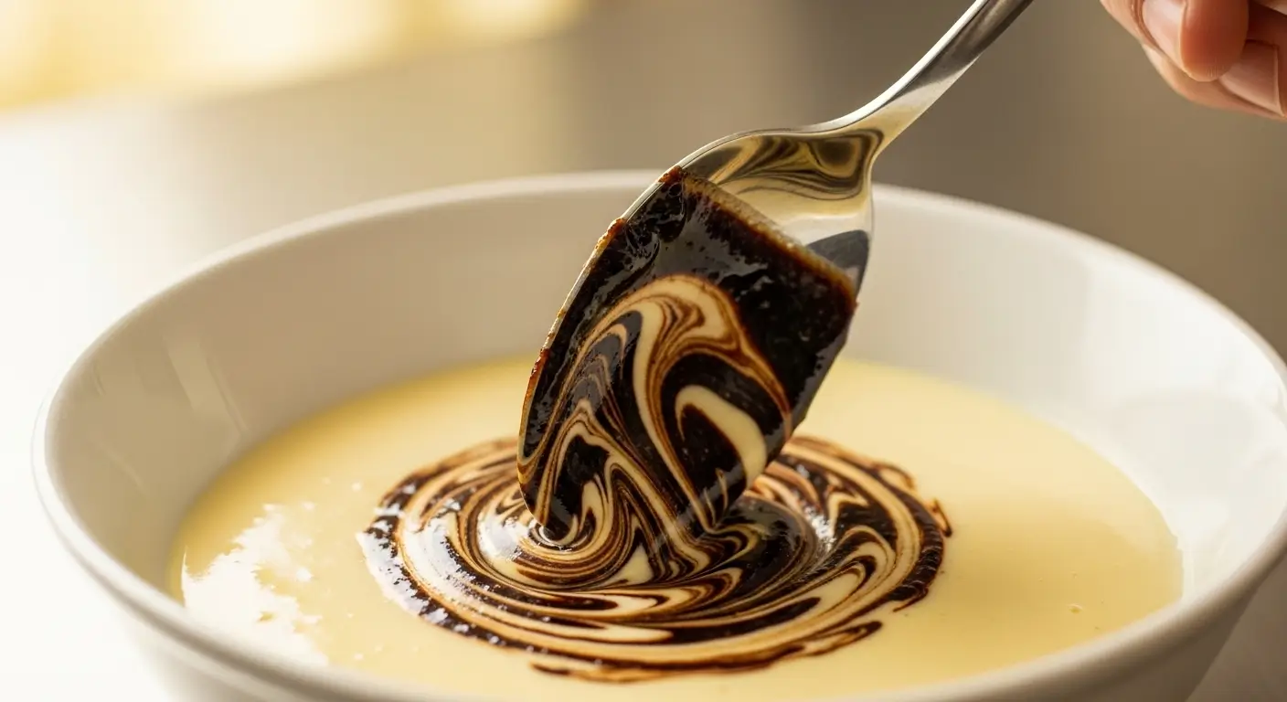 A silver spoon swirls glossy dark chocolate sauce into a bowl of smooth vanilla custard. Soft lighting highlights the rich textures and elegant patterns, showcasing the contrast between the deep cocoa and the creamy dessert.