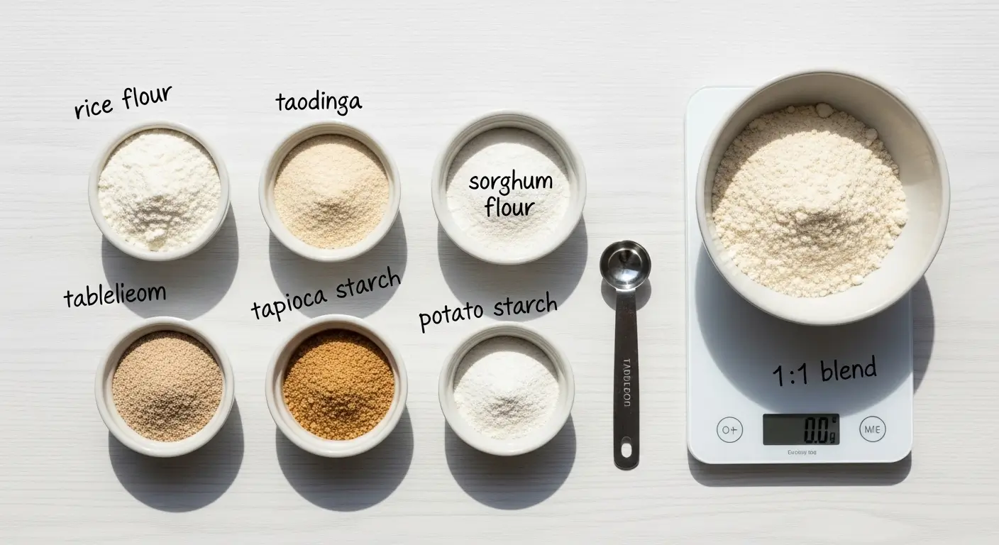 Gluten-free baking ingredients like rice and sorghum flour sit in white bowls on a bright wooden table. A digital scale measures a 1:1 flour blend under direct light, highlighting fine powdery textures and neutral earthy tones.