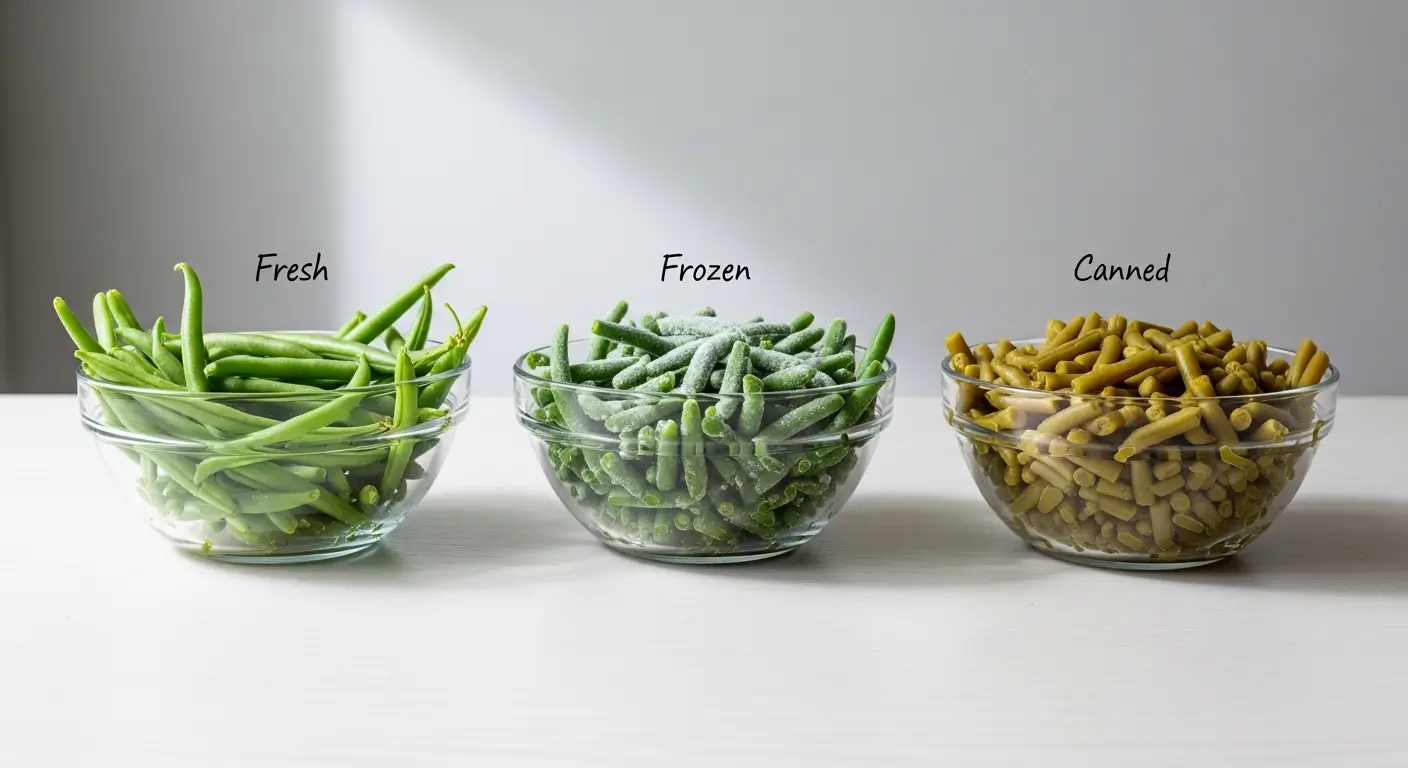 Three glass bowls compare fresh, frozen, and canned green beans on a white surface. Vibrant green pods, frosted pieces, and soft olive-hued beans show distinct textures under bright natural light, providing a visual guide for healthy cooking and meal prep.