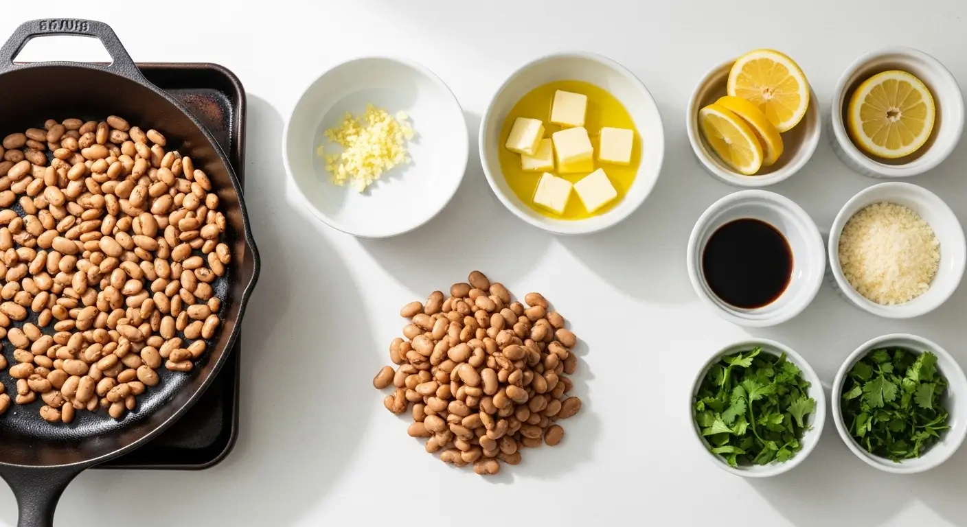 Earthy pinto beans in a textured cast iron skillet sit beside bowls of minced garlic, golden butter, and fresh cilantro. These pinto bean recipe ingredients rest on a bright white surface under crisp light, showcasing vibrant colors and fresh textures.