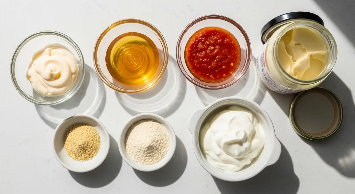 Fresh homemade sauce ingredients like creamy mayonnaise, golden honey, and red chili paste rest on a white counter. Sharp sunlight highlights the smooth and grainy textures, casting dramatic shadows across the bright surface.
