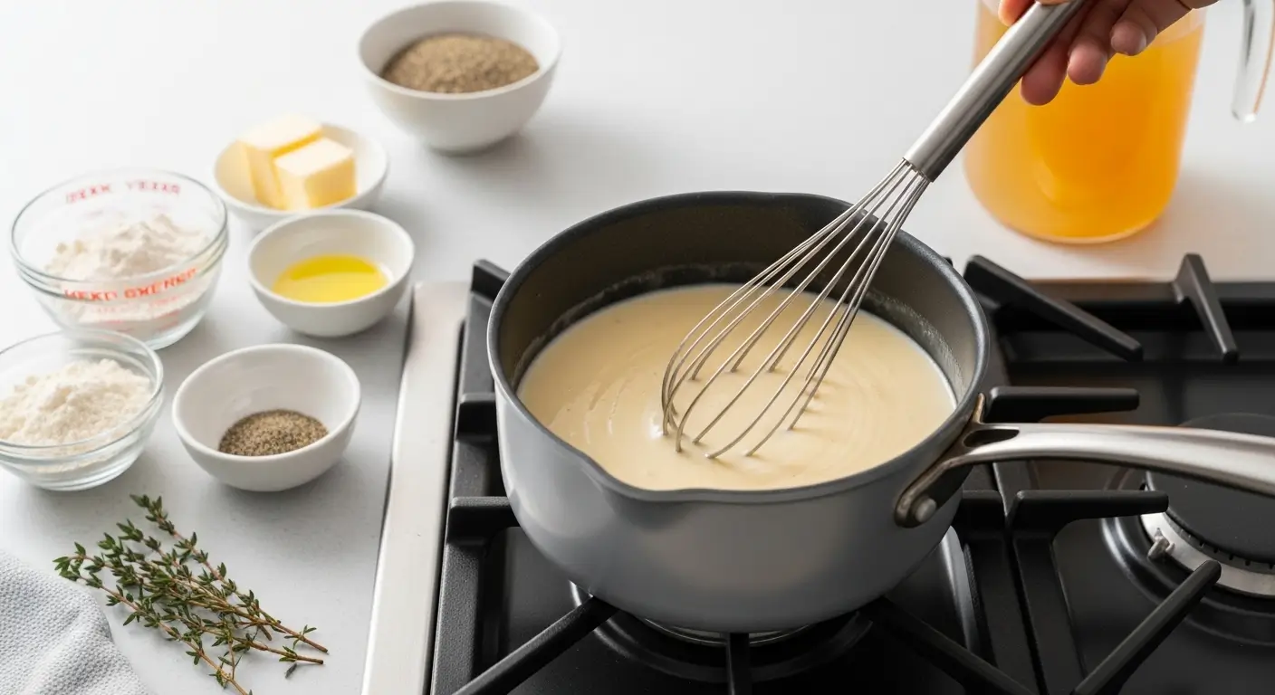 Whisking a smooth homemade gravy in a matte grey saucepan on a gas stovetop, surrounded by fresh thyme, butter, and flour. The creamy white sauce is prepared under bright, natural light for a clean, professional culinary look.
