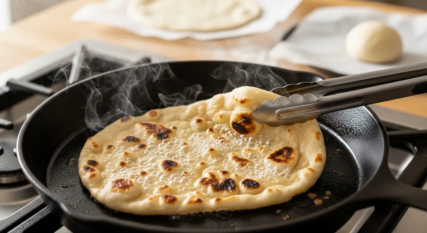 Sizzling homemade naan bread with golden-brown charred bubbles cooks in a matte black cast iron skillet. Wisps of steam rise under soft daylight as metal tongs lift the dough, with raw flatbread resting in the blurred background.